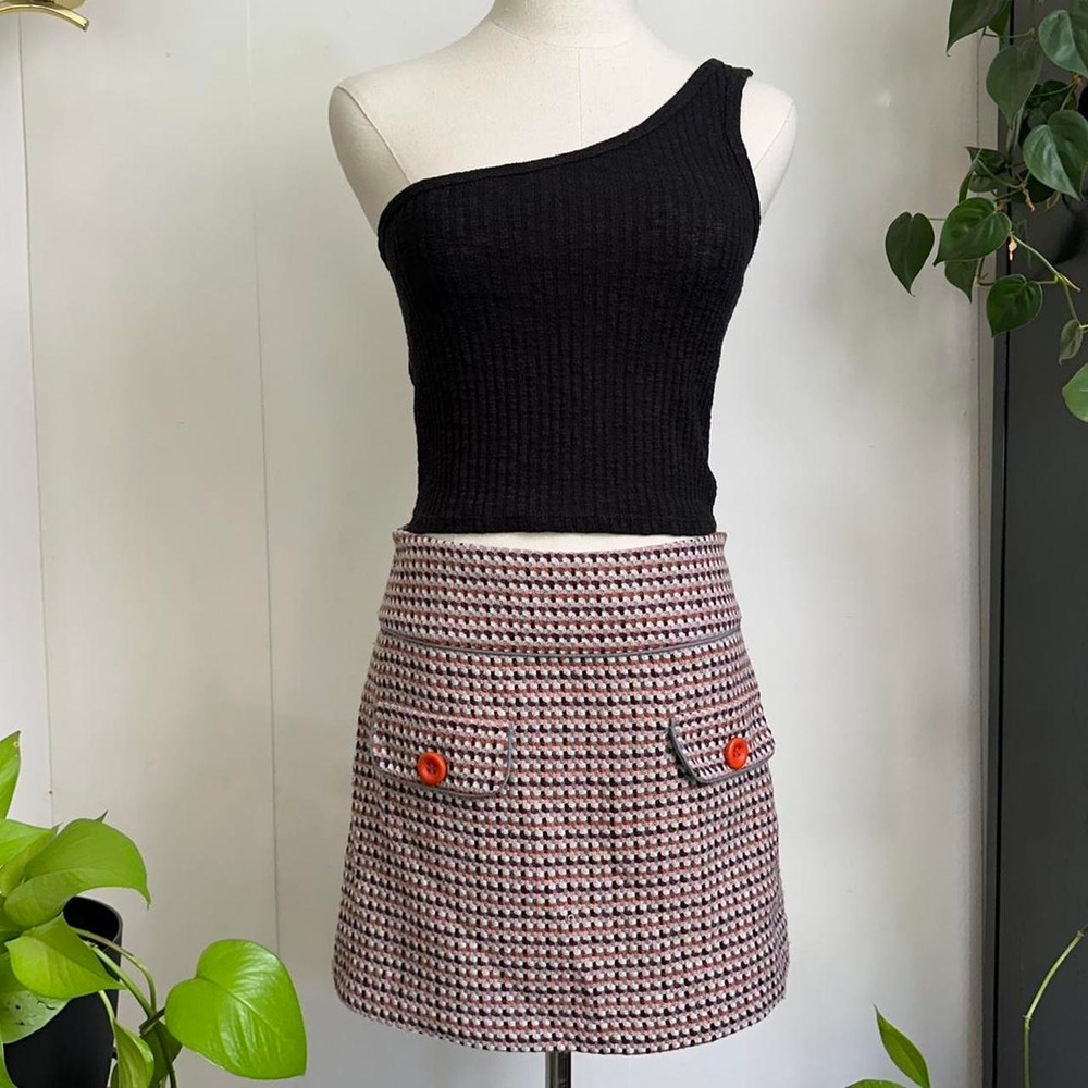 Promod Womens Mod Retro Print Mini Skirt Grey Pink Burgundy Orange Button Small
